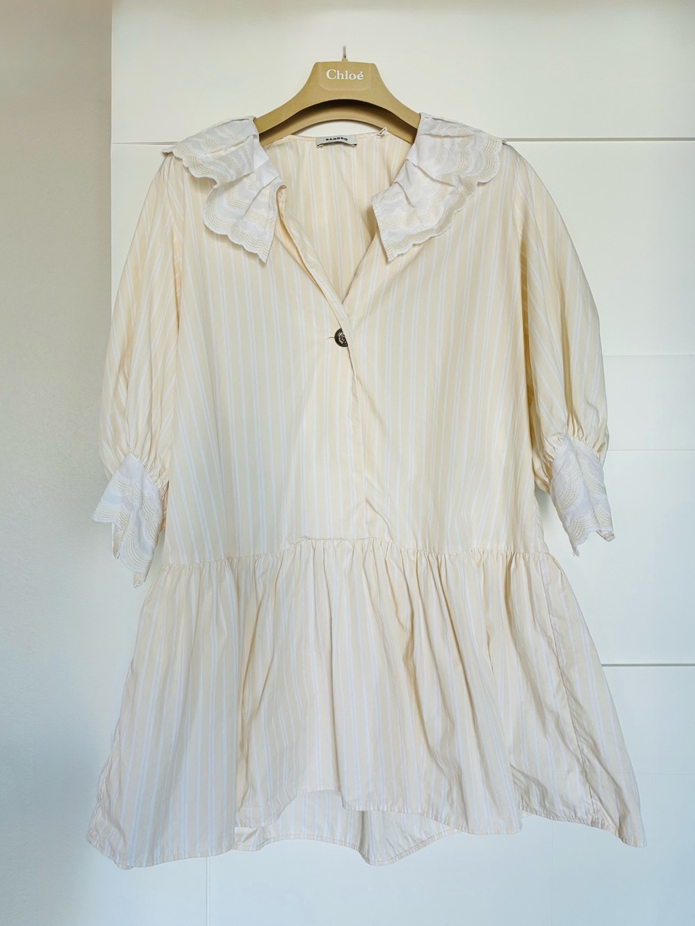 Sandro Paris 34 Yellow & White Striped Cotton Ruffle Collar Mini Dress